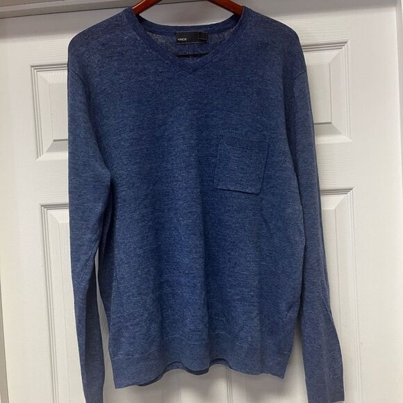 Vince Mens Blue Marled Knit V Neck Pocket Sweater sz XL EUC - Picture 1 of 5
